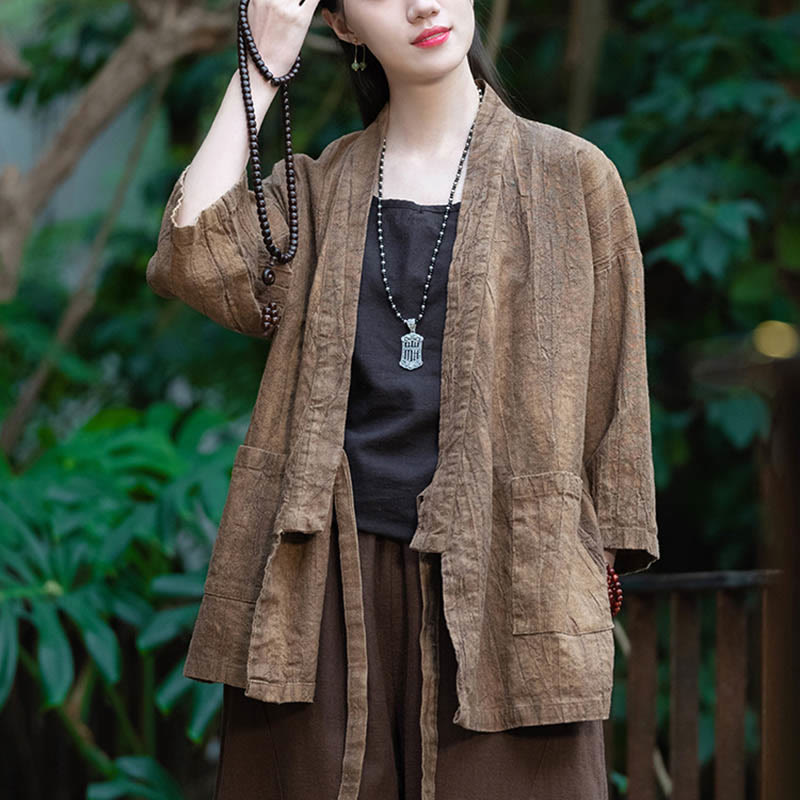 Manteau en lin ramie à manches trois-quarts avec motif Hanfu et Buddha Stones, veste ouverte sur le devant - image 14