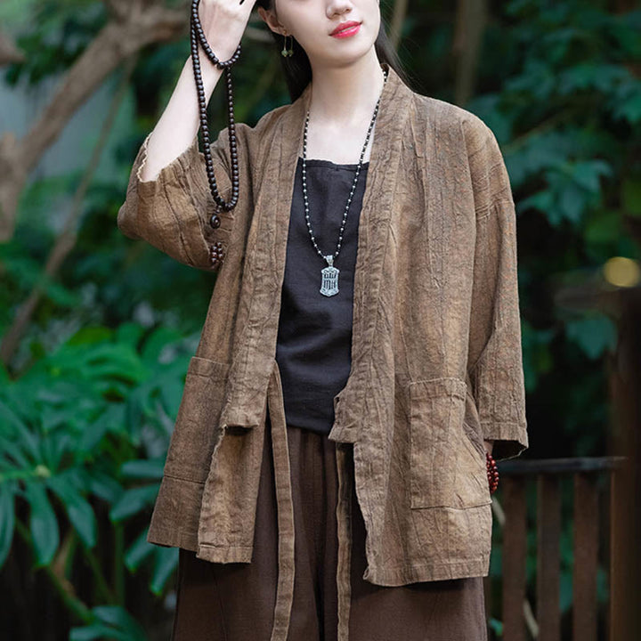 Manteau en lin ramie à manches trois-quarts avec motif Hanfu et Buddha Stones, veste ouverte sur le devant - image 14