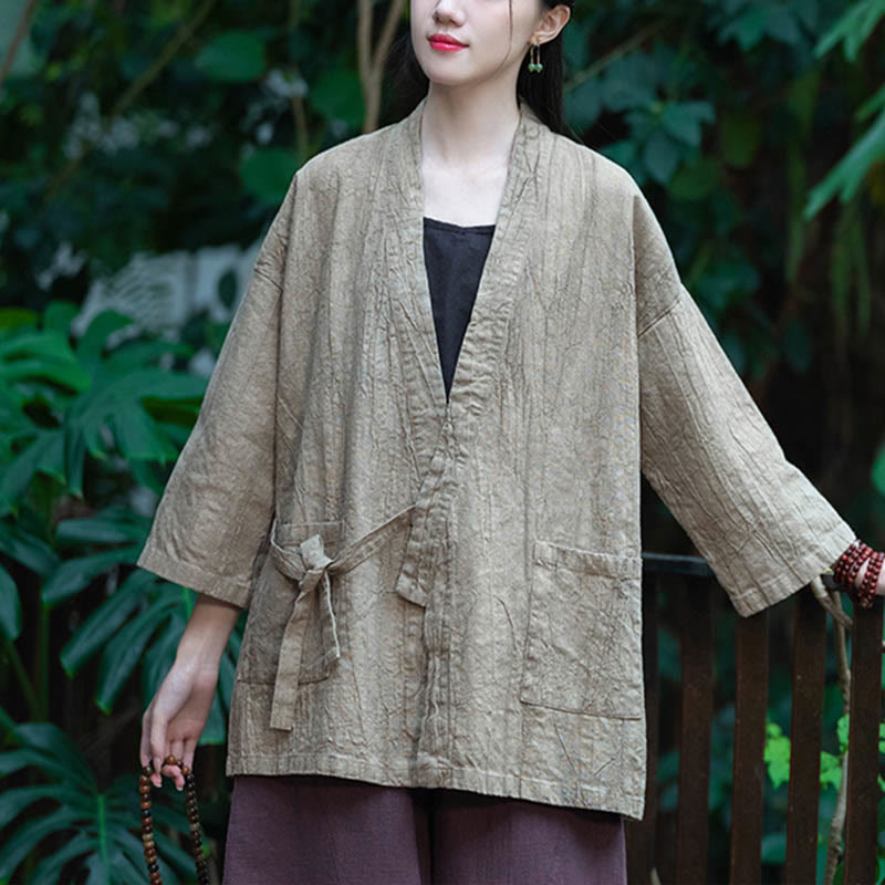 Manteau en lin ramie à manches trois-quarts avec motif Hanfu et Buddha Stones, veste ouverte sur le devant - image 4