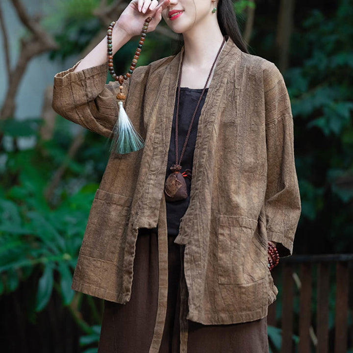 Manteau en lin ramie à manches trois-quarts avec motif Hanfu et Buddha Stones, veste ouverte sur le devant - image 22
