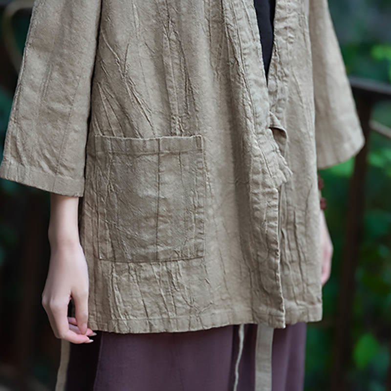 Manteau en lin ramie à manches trois-quarts avec motif Hanfu et Buddha Stones, veste ouverte sur le devant - image 12