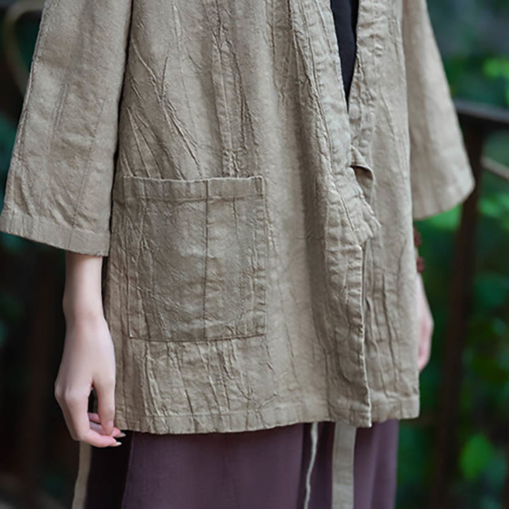 Manteau en lin ramie à manches trois-quarts avec motif Hanfu et Buddha Stones, veste ouverte sur le devant - image 12