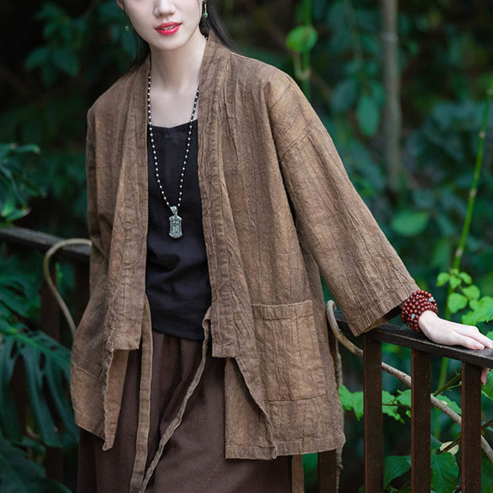 Manteau en lin ramie à manches trois-quarts avec motif Hanfu et Buddha Stones, veste ouverte sur le devant - image 21