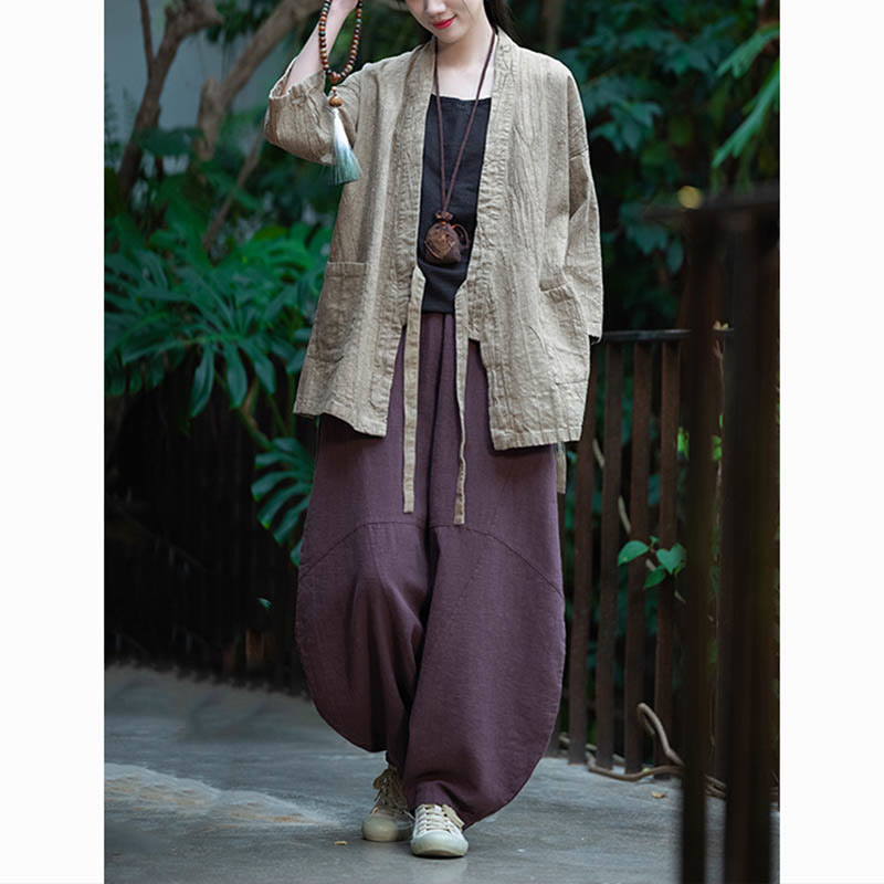 Manteau en lin ramie à manches trois-quarts avec motif Hanfu et Buddha Stones, veste ouverte sur le devant - image 10