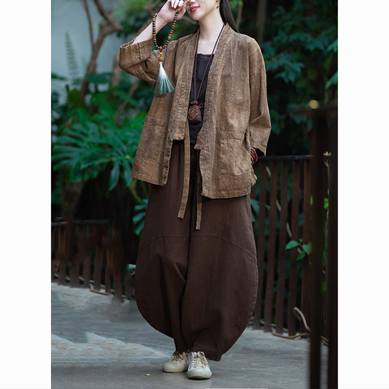 Manteau en lin ramie à manches trois-quarts avec motif Hanfu et Buddha Stones, veste ouverte sur le devant - image 23