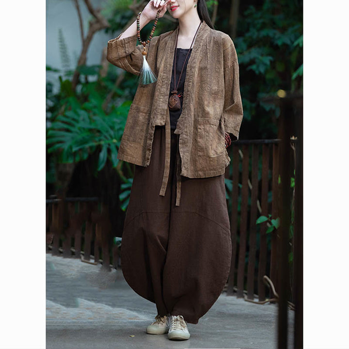 Manteau en lin ramie à manches trois-quarts avec motif Hanfu et Buddha Stones, veste ouverte sur le devant - image 23