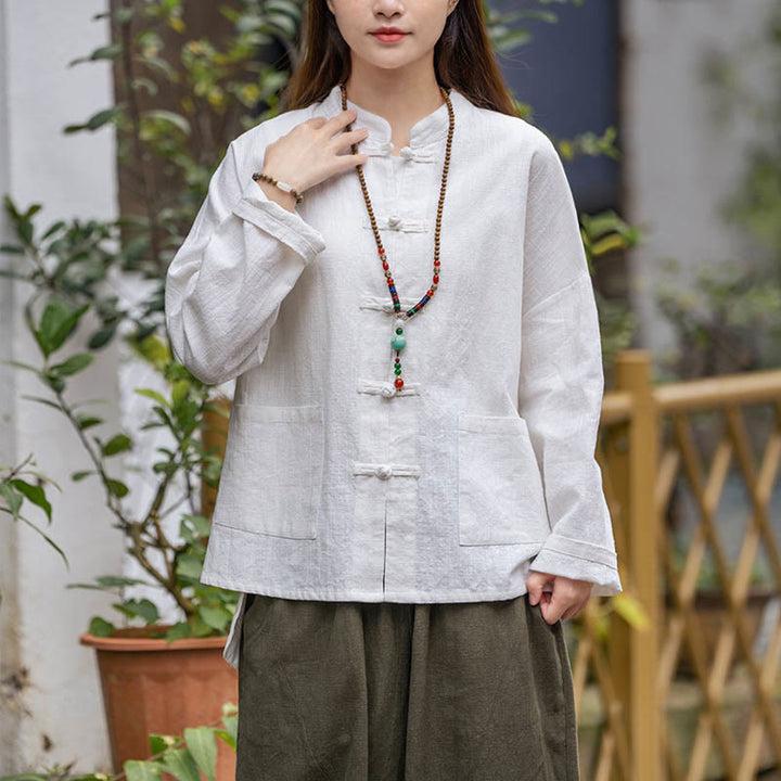 Chemise à boutons en forme de grenouille avec Buddha Stones Haut de méditation Tai Chi Vêtements Veste en lin ramie - Blanc (Tour de poitrine 128 cm) (Haut uniquement) - image 0