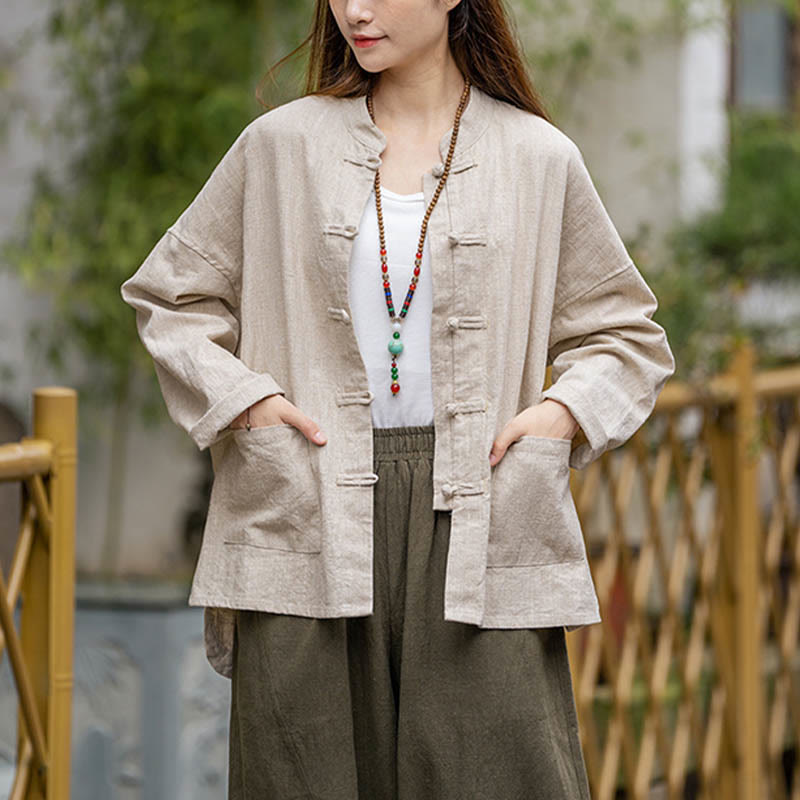 Chemise à boutons en forme de grenouille avec Buddha Stones Haut de méditation Tai Chi Vêtements Veste en lin ramie - Beige (Tour de poitrine 128 cm) (Haut uniquement) - image 15