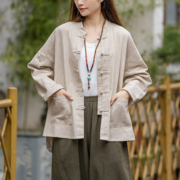 Chemise à boutons en forme de grenouille avec Buddha Stones Haut de méditation Tai Chi Vêtements Veste en lin ramie - Beige (Tour de poitrine 128 cm) (Haut uniquement) - image 15