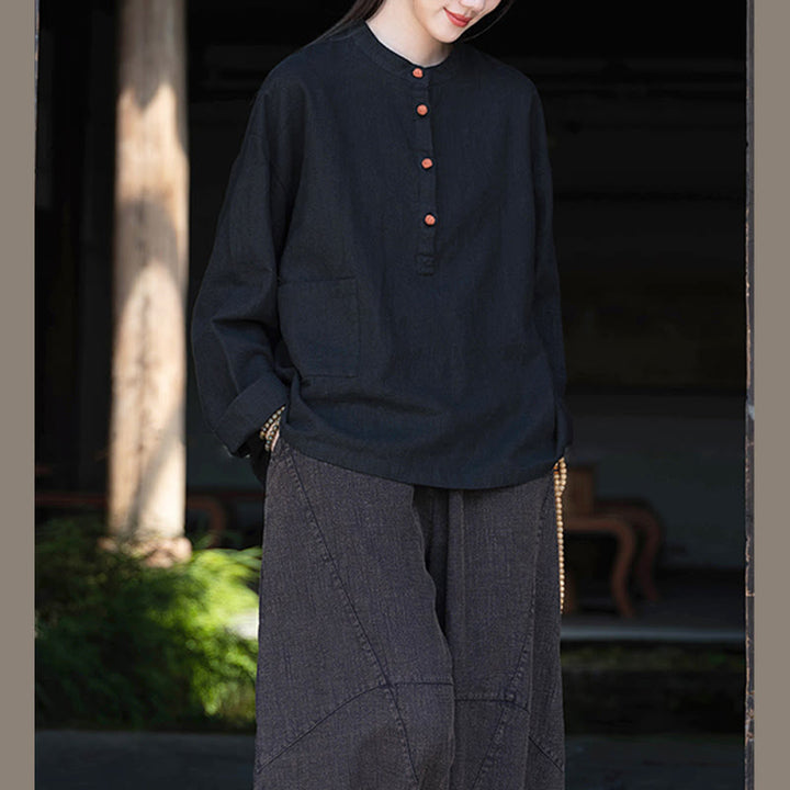 Chemisier ample à boutons de couleur unie Buddha Stones et manches longues - Noir (Tour de poitrine 126 cm) (Haut uniquement) - image 28