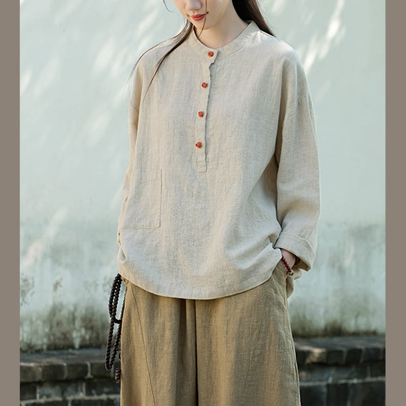 Chemisier ample à boutons de couleur unie Buddha Stones et manches longues - image 14