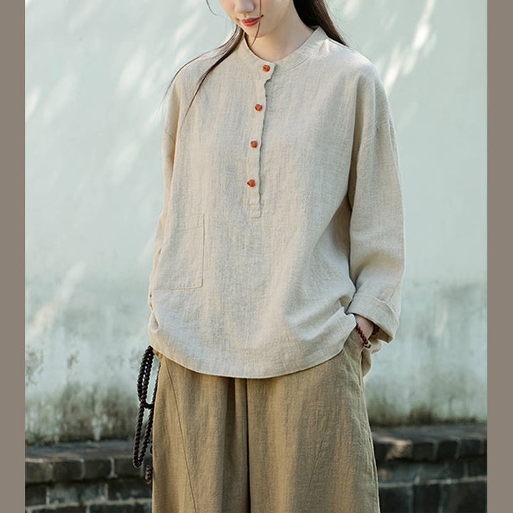 Chemisier ample à boutons de couleur unie Buddha Stones et manches longues - image 14