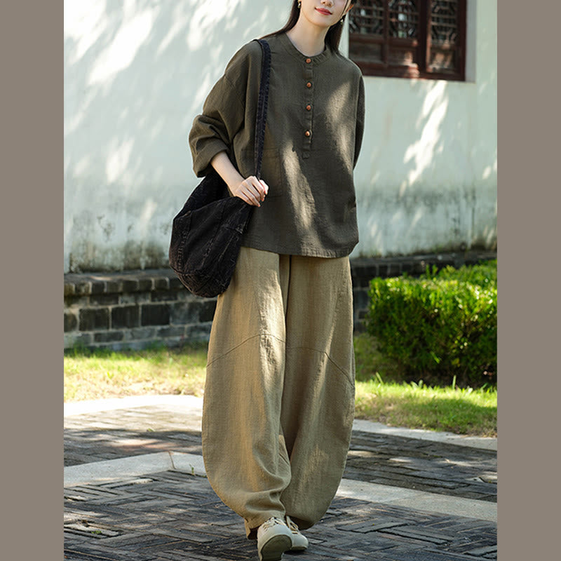 Chemisier ample à boutons de couleur unie Buddha Stones et manches longues - image 26