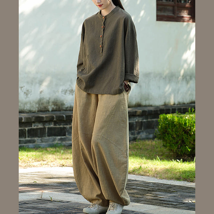 Chemisier ample à boutons de couleur unie Buddha Stones et manches longues - image 27