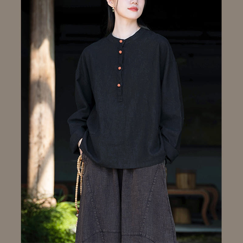 Chemisier ample à boutons de couleur unie Buddha Stones et manches longues - image 31