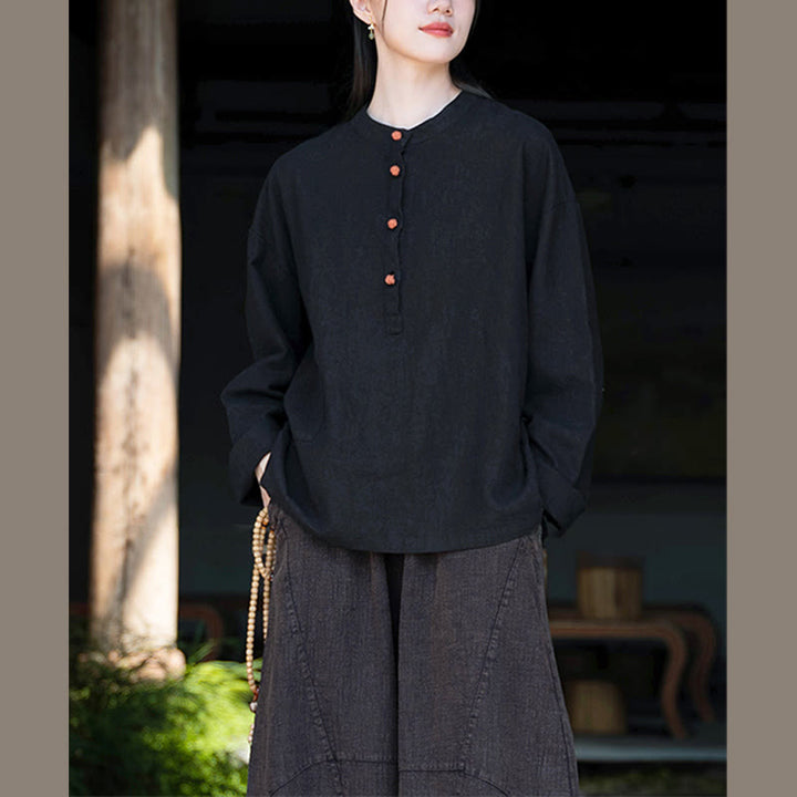 Chemisier ample à boutons de couleur unie Buddha Stones et manches longues - image 31