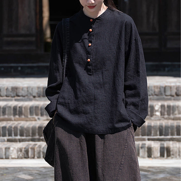 Chemisier ample à boutons de couleur unie Buddha Stones et manches longues - image 29