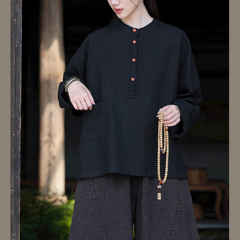 Chemisier ample à boutons de couleur unie Buddha Stones et manches longues - image 33