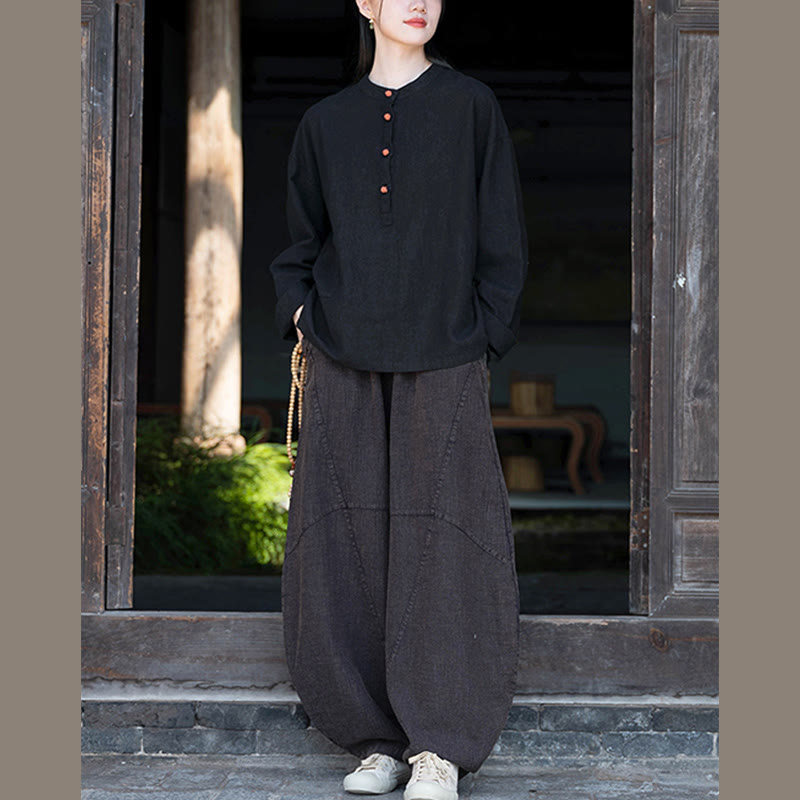 Chemisier ample à boutons de couleur unie Buddha Stones et manches longues - image 37