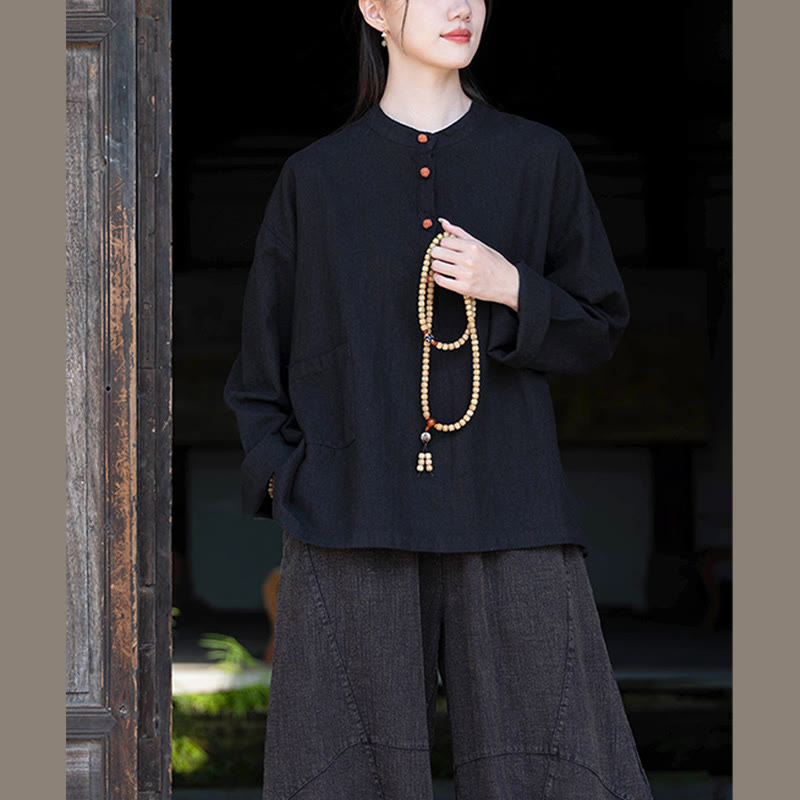 Chemisier ample à boutons de couleur unie Buddha Stones et manches longues - image 35