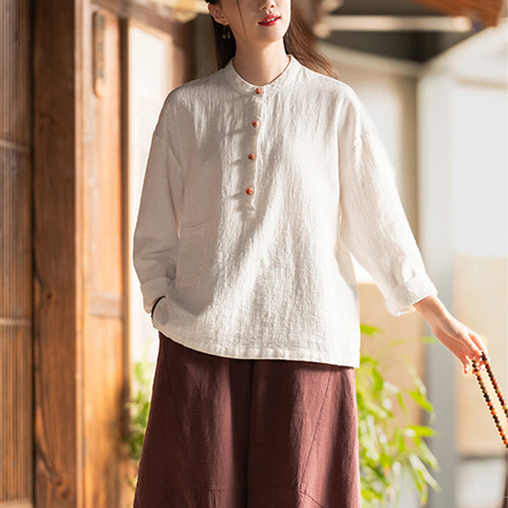 Chemisier ample à boutons de couleur unie Buddha Stones et manches longues - image 4