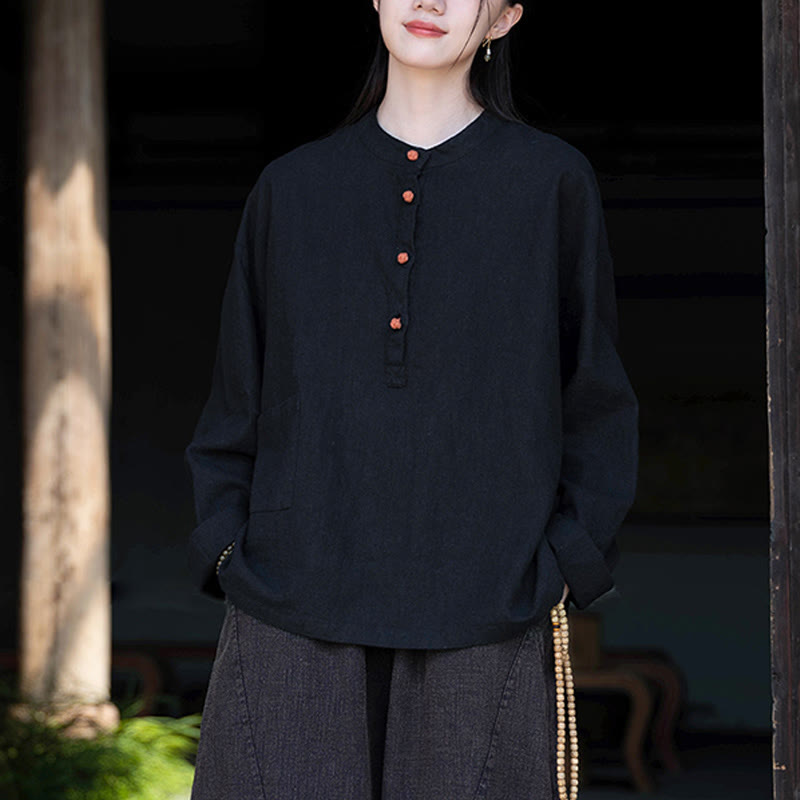 Chemisier ample à boutons de couleur unie Buddha Stones et manches longues - image 34