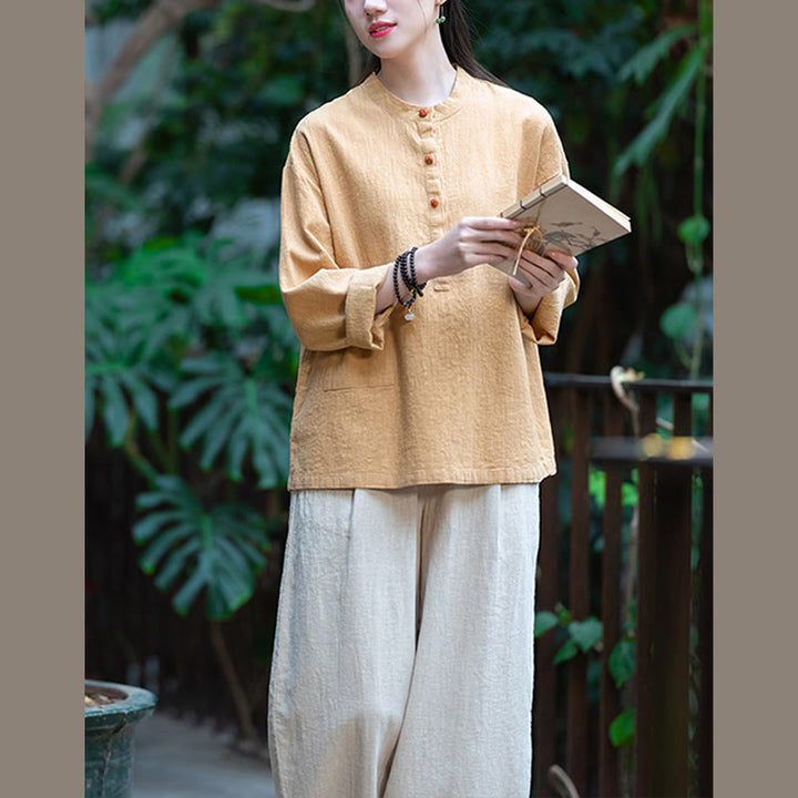 Chemisier ample à boutons de couleur unie Buddha Stones et manches longues - image 43