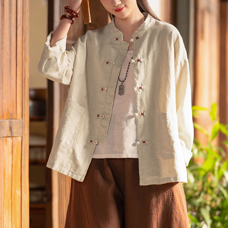 Chemise à boutons de grenouille Buddha Stones Haut de méditation zen Vêtements Veste en coton et lin - image 1