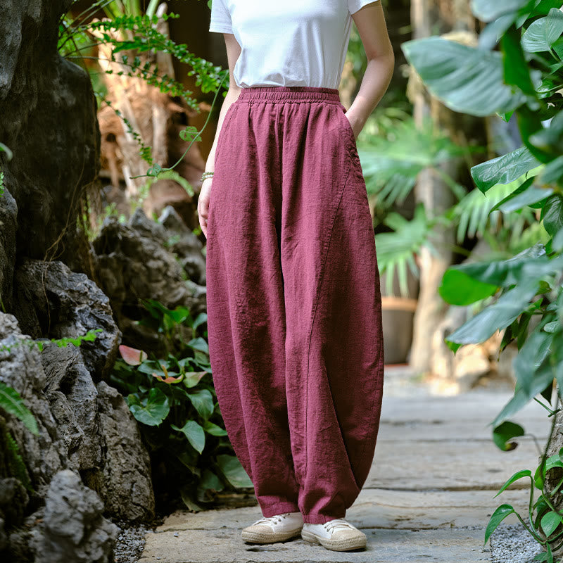 Pantalon de yoga ample de couleur unie avec poches et Buddha Stones