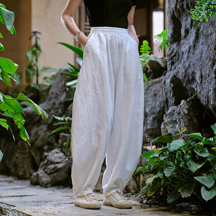 Pantalon de yoga ample de couleur unie avec poches et Buddha Stones