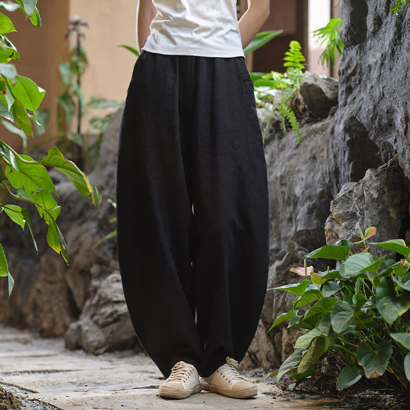 Pantalon de yoga ample de couleur unie avec poches et Buddha Stones