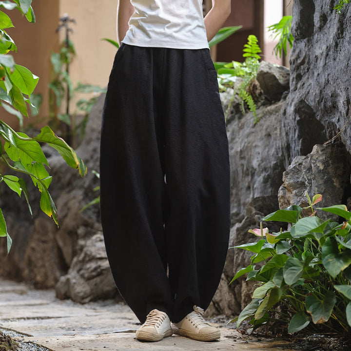 Pantalon de yoga ample de couleur unie avec poches et Buddha Stones