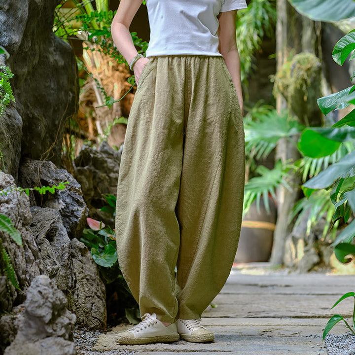 Pantalon de yoga ample de couleur unie avec poches et Buddha Stones