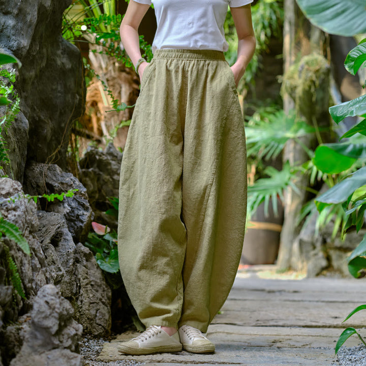Pantalon de yoga ample de couleur unie avec poches et Buddha Stones