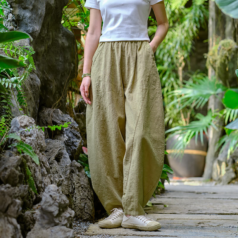 Pantalon de yoga ample de couleur unie avec poches et Buddha Stones