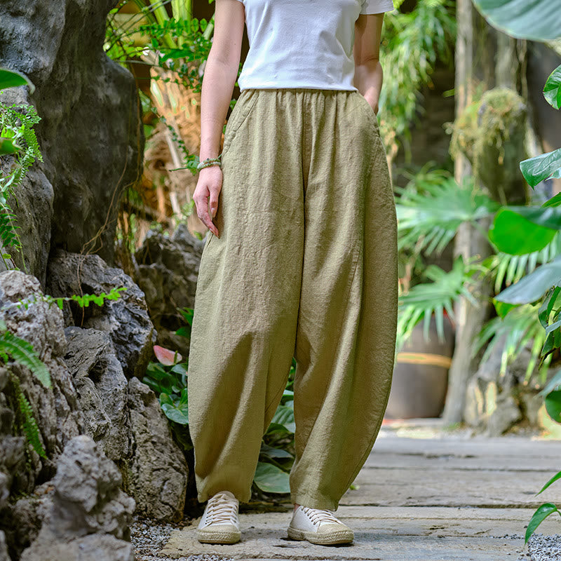 Pantalon de yoga ample de couleur unie avec poches et Buddha Stones