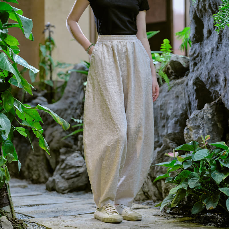 Pantalon de yoga ample de couleur unie avec poches et Buddha Stones