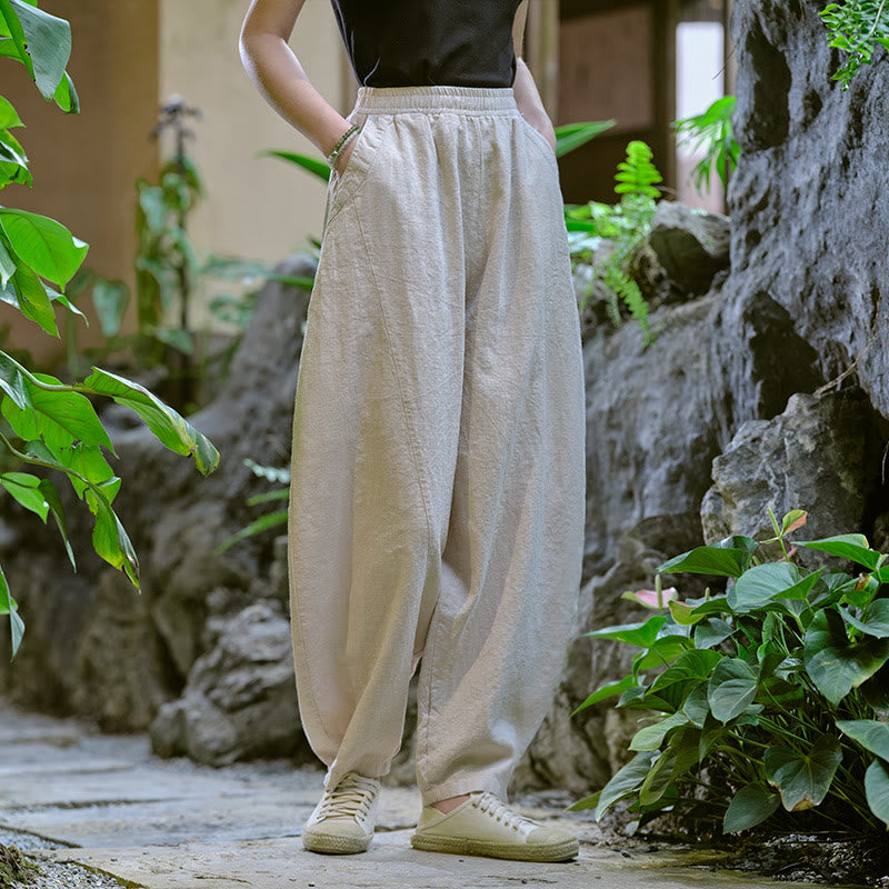 Pantalon de yoga ample de couleur unie avec poches et Buddha Stones