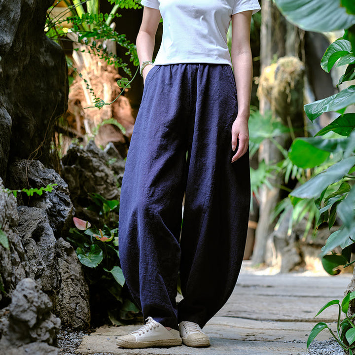 Pantalon de yoga ample de couleur unie avec poches et Buddha Stones