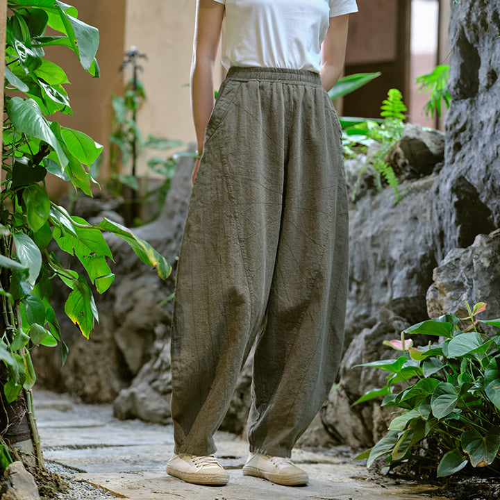 Pantalon de yoga ample de couleur unie avec poches et Buddha Stones