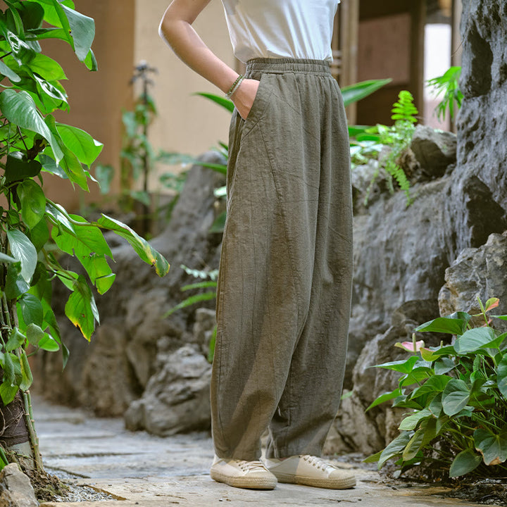 Pantalon de yoga ample de couleur unie avec poches et Buddha Stones