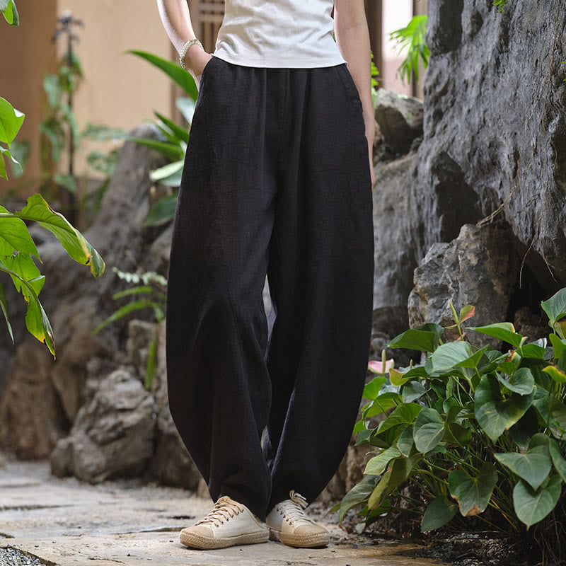 Pantalon de yoga ample de couleur unie avec poches et Buddha Stones
