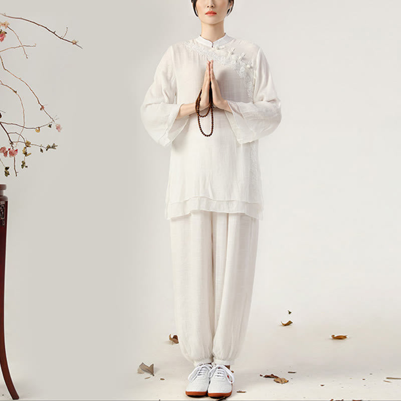 Ensemble de 2 uniformes de Tai Chi à manches longues et boutons en forme de Buddha Stones pour méditation, prière, pratique zen, pour femmes - Boutonnage latéral blanc (Haut et pantalon) - US8-10，UK/AU12-14，EU40-42 (2XL) - image 0