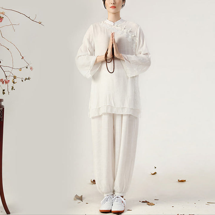 Ensemble de 2 uniformes de Tai Chi à manches longues et boutons en forme de Buddha Stones pour méditation, prière, pratique zen, pour femmes - Boutonnage latéral blanc (Haut et pantalon) - US8-10，UK/AU12-14，EU40-42 (2XL) - image 0