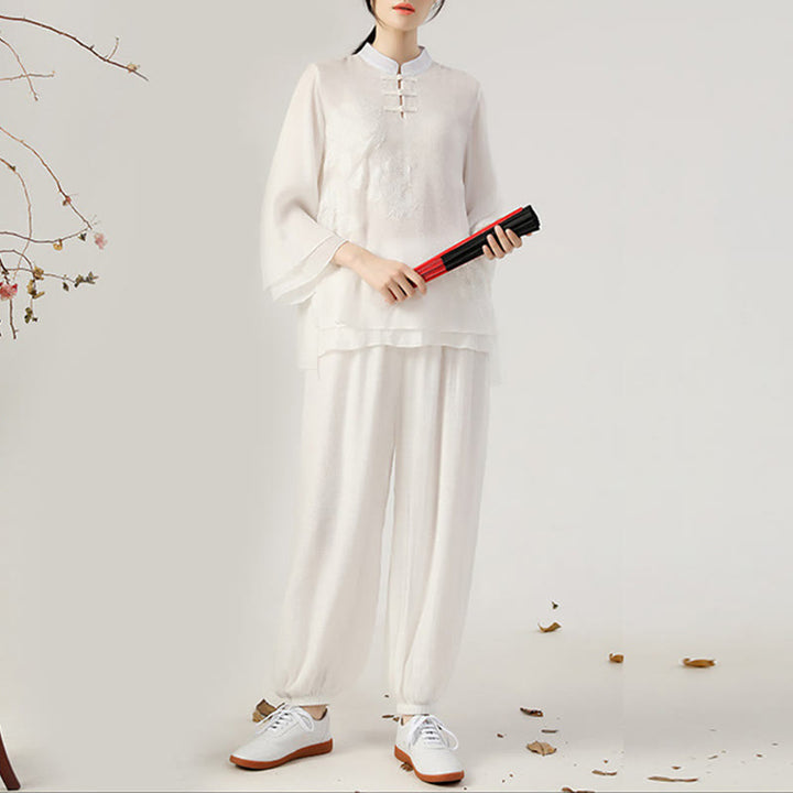 Ensemble de 2 uniformes de Tai Chi à manches longues et boutons en forme de Buddha Stones pour méditation, prière, pratique zen, pour femmes - Col montant blanc (haut et pantalon) - US8-10，UK/AU12-14，EU40-42 (2XL) - image 5