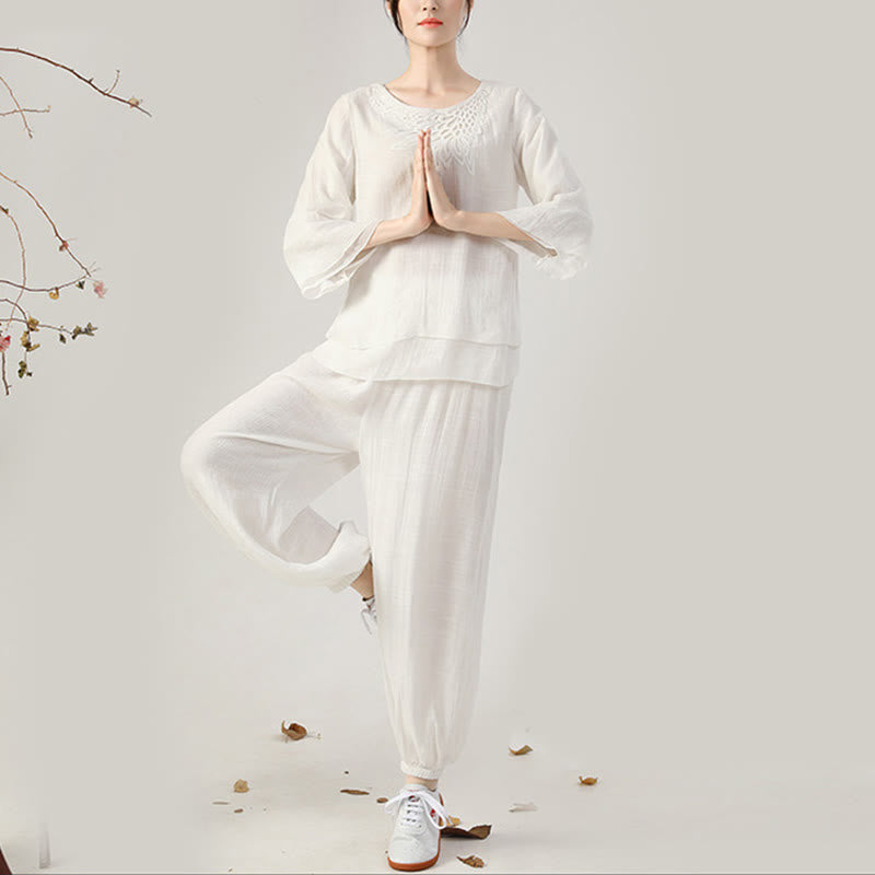 Ensemble de 2 uniformes de Tai Chi à manches longues et boutons en forme de Buddha Stones pour méditation, prière, pratique zen, pour femmes - Ensemble blanc à col rond (haut et pantalon) - US8-10，UK/AU12-14，EU40-42 (2XL) - image 11