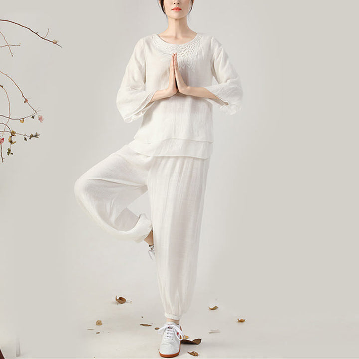 Ensemble de 2 uniformes de Tai Chi à manches longues et boutons en forme de Buddha Stones pour méditation, prière, pratique zen, pour femmes - Ensemble blanc à col rond (haut et pantalon) - US8-10，UK/AU12-14，EU40-42 (2XL) - image 11