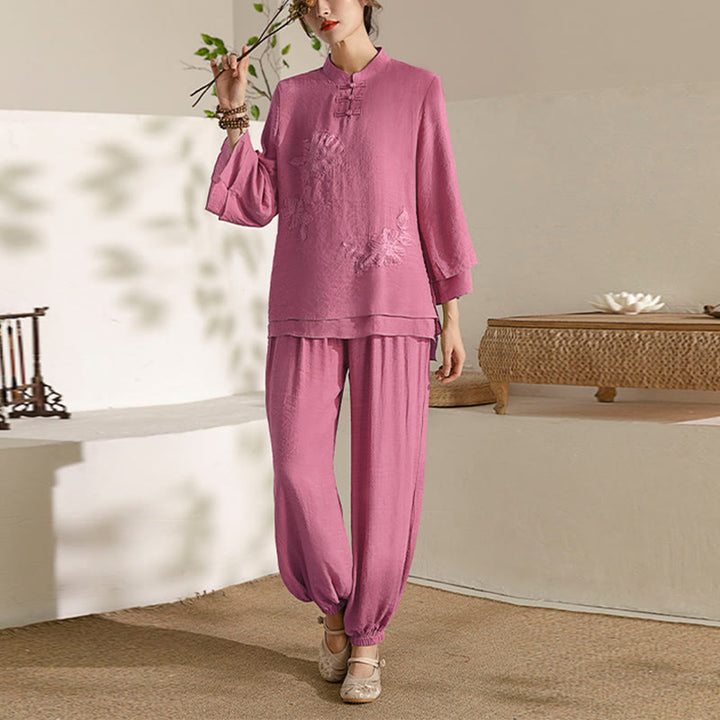 Ensemble de 2 uniformes de Tai Chi à manches longues et boutons en forme de Buddha Stones pour méditation, prière, pratique zen, pour femmes - Col montant rouge rose (Haut et pantalon) - US8-10，UK/AU12-14，EU40-42 (2XL) - image 18