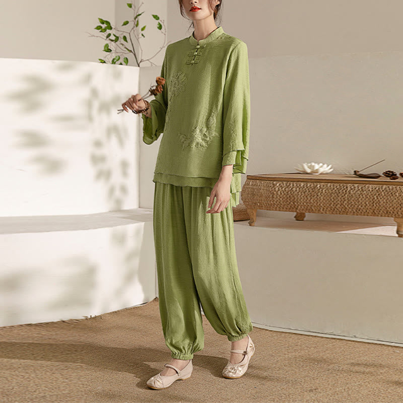 Ensemble de 2 uniformes de Tai Chi à manches longues et boutons en forme de Buddha Stones pour méditation, prière, pratique zen, pour femmes - Col montant vert (haut et pantalon) - US8-10，UK/AU12-14，EU40-42 (2XL) - image 19