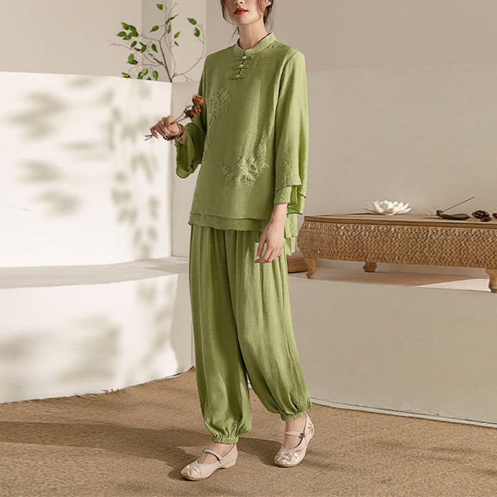 Ensemble de 2 uniformes de Tai Chi à manches longues et boutons en forme de Buddha Stones pour méditation, prière, pratique zen, pour femmes - Col montant vert (haut et pantalon) - US8-10，UK/AU12-14，EU40-42 (2XL) - image 19
